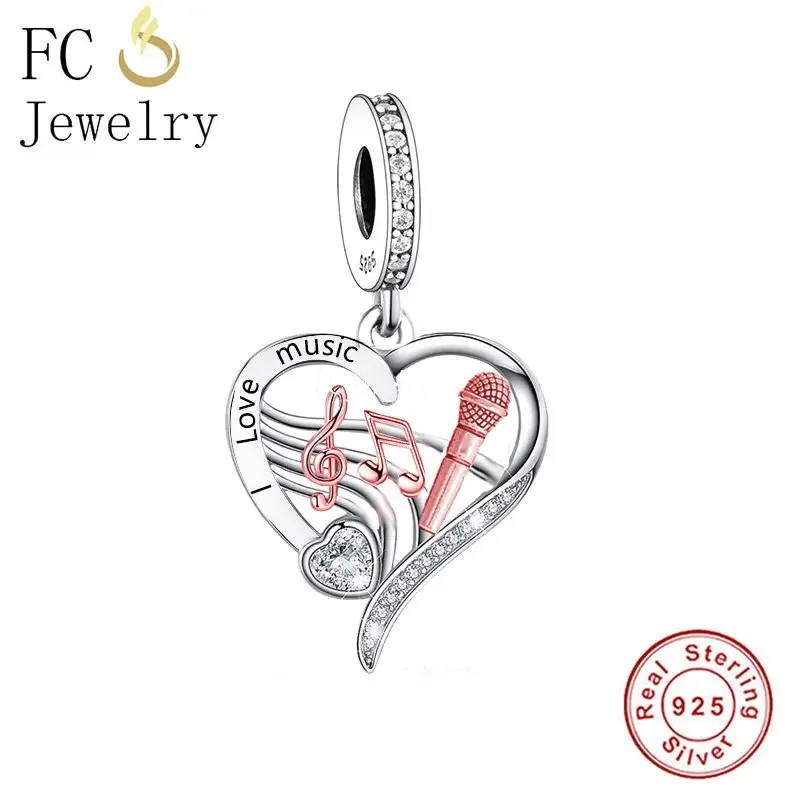 Fit Original Pan Charms Bracelet 925 Silver Music Note Microphone Heart Pendant Bead For Making DIY Musical Berloque 2024