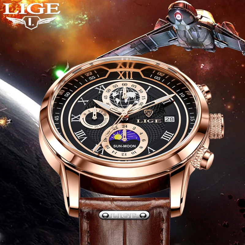 

LIGE Fashion Outdoor Watches for Men Casual Leather Creative Luminous 24H Moon Phase Clock Waterproof Quartz Watches for Men+Box