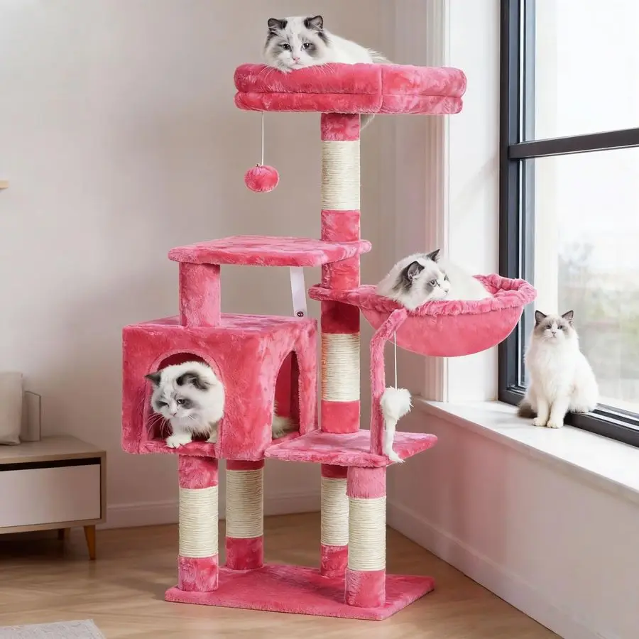 

Когтеточка-комплекс для кошек с игрушками, домик-когтеточка для домашних кошек, домик для кошек с мягкой плюшевой лежанкой, уютным гамаком и сизалевыми столбиками для царапания