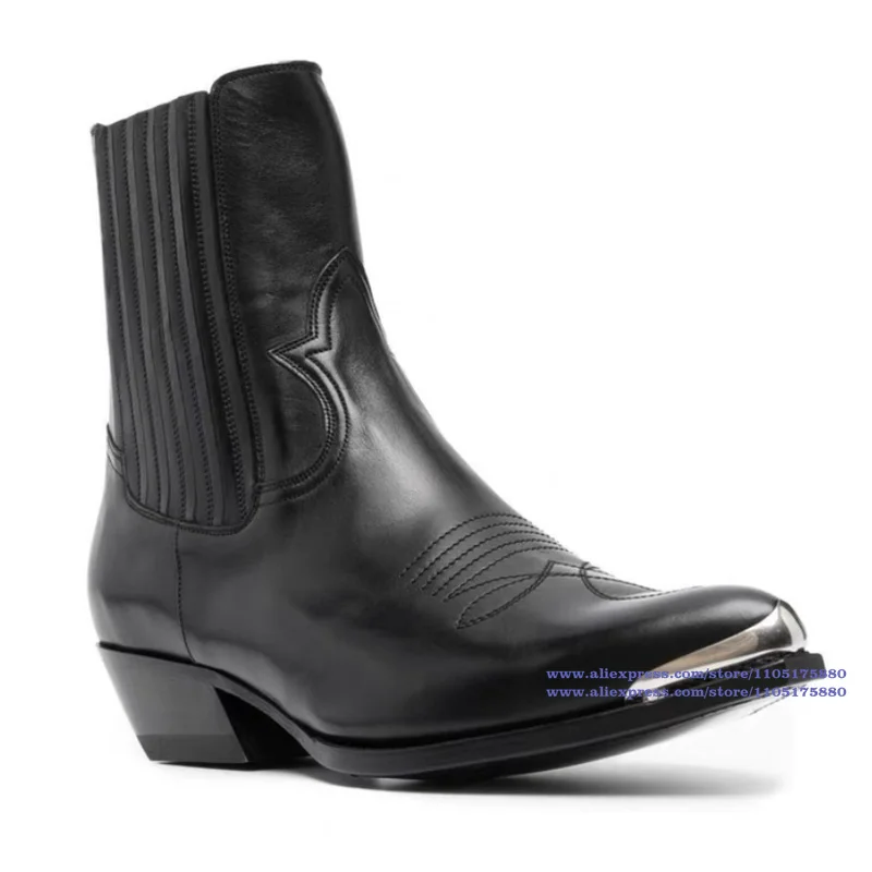 Carved Metal Toed Chelsea Boots Cowhide Pointy Toe Ankle Booties Men's Boots Luxury Designer Trendy Men's Shoes Botas Mujer