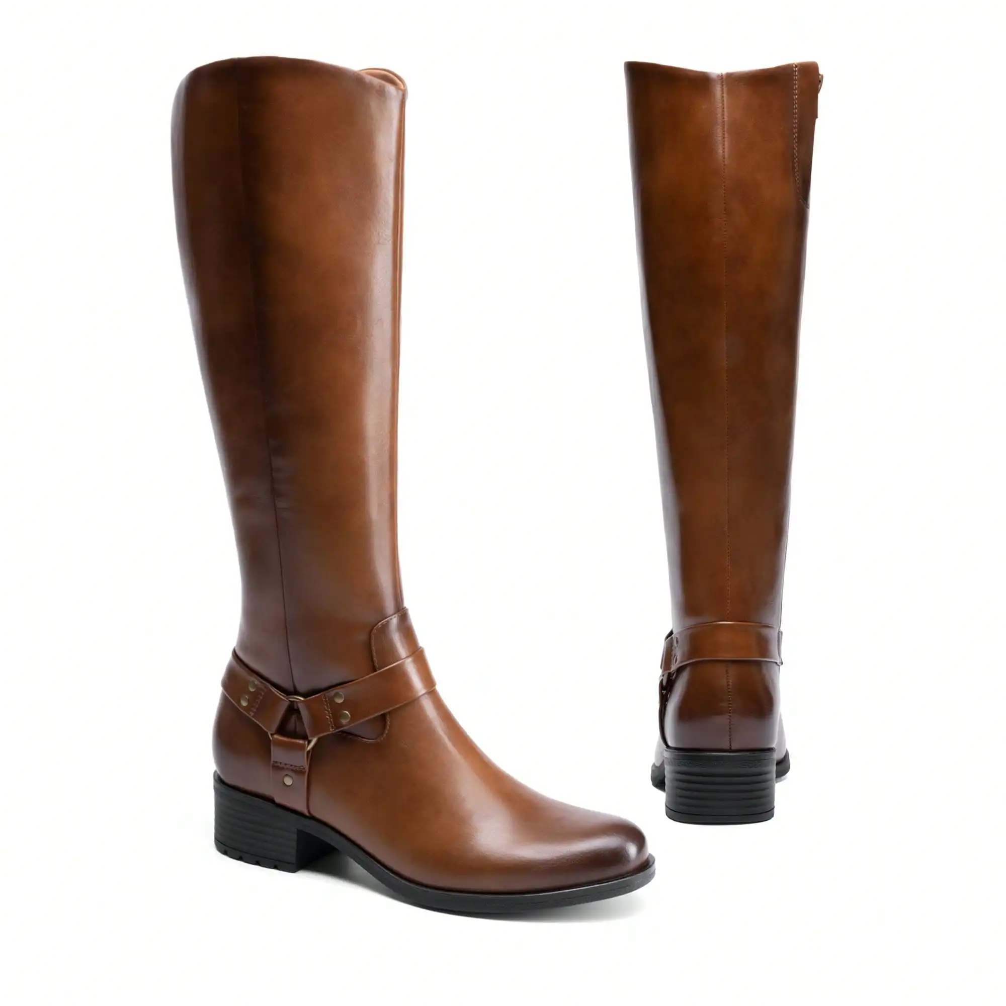 Botas de montar hasta la rodilla para mujer, botas de cuero sintético con punta afilada y detalles de hebilla, diseño de fácil calzado y cremallera lateral, elegantes botas altas para montar a caballo, versátiles botas largas de moda para otoño e invierno, ideales para el día a día, fiestas, para usar en la calle, botas elegantes para combinar con vestidos, para mujeres.