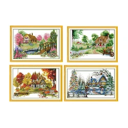 Joy Sunday The Four Seasons Scenic Patterns Printing Cross Stitch Kits 16CT 14CT DMC Thread  DIY Hand Needlework Embroidery Sets