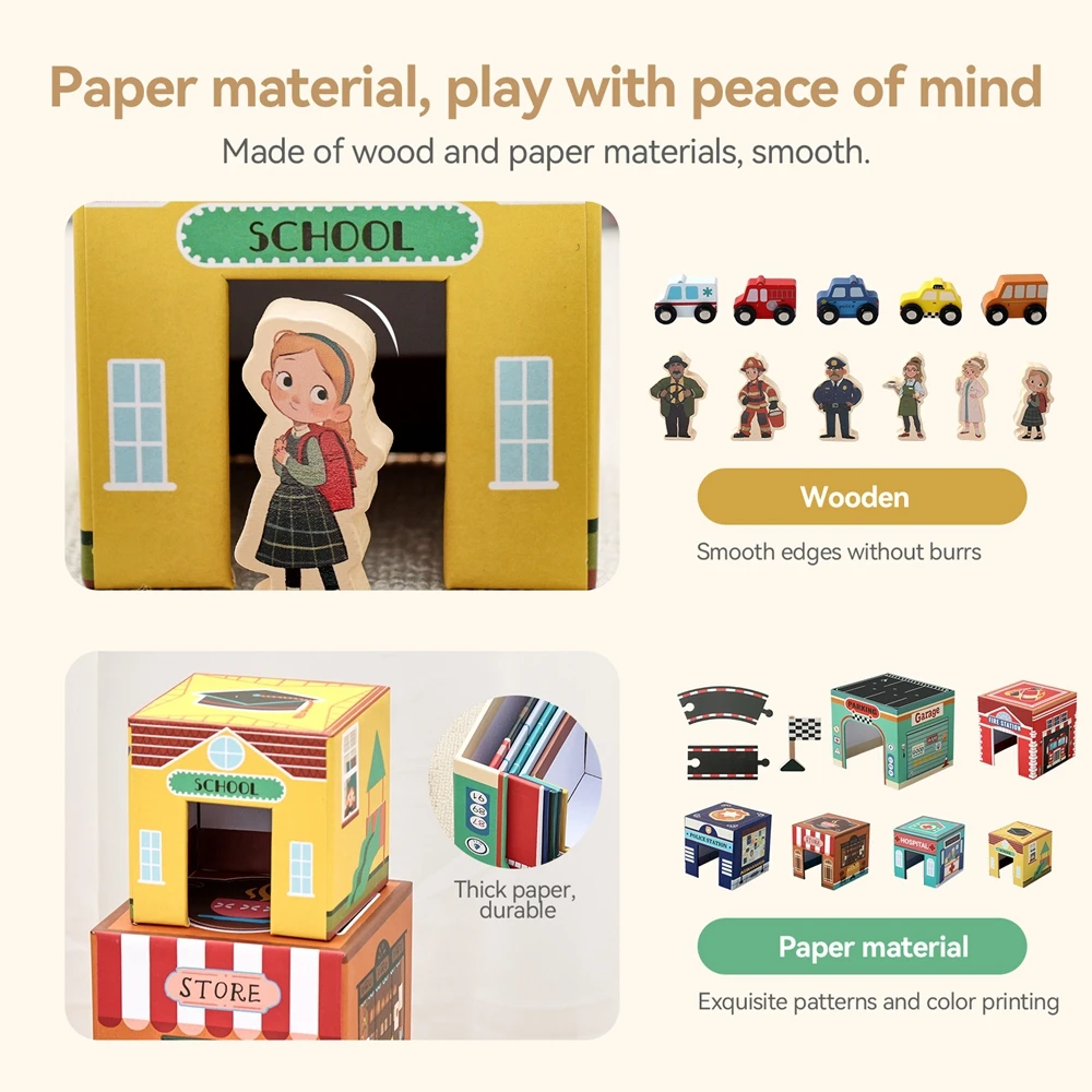 3-in-1 Sorting and Stacking Toys for Toddlers 1-3 with Building Blocks,Baby Wooden Community Helpers, Montessori Nesting Boxes