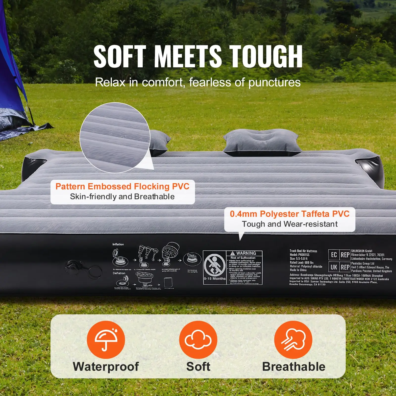 Truck Bed Air Mattress, for 5.5-5.8 ft Full Size Short Truck Beds, Inflatable Air Mattress Camping Bed with 12V Air Pump 2 Pillo