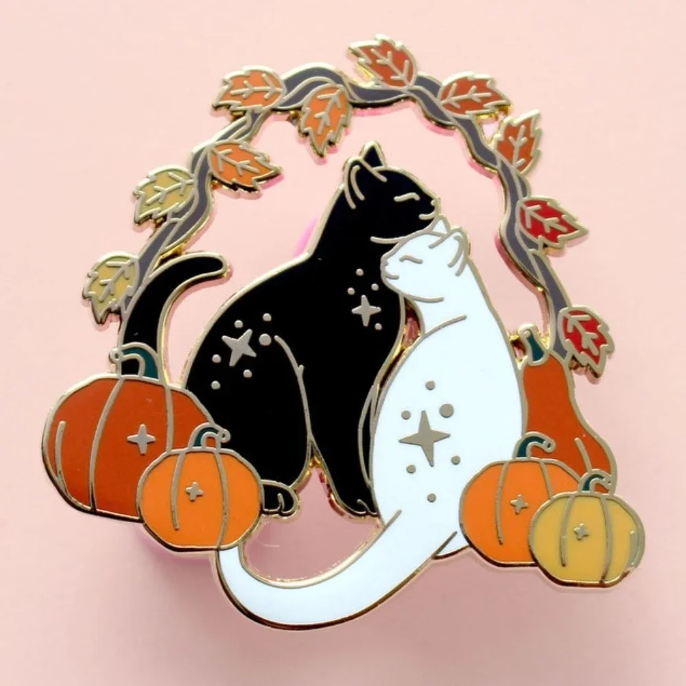 Pumpkin Cats Enamel Pin Black and White Autumn Fall Brooch Animal Badge Brooch Halloween Jewelry Accessory