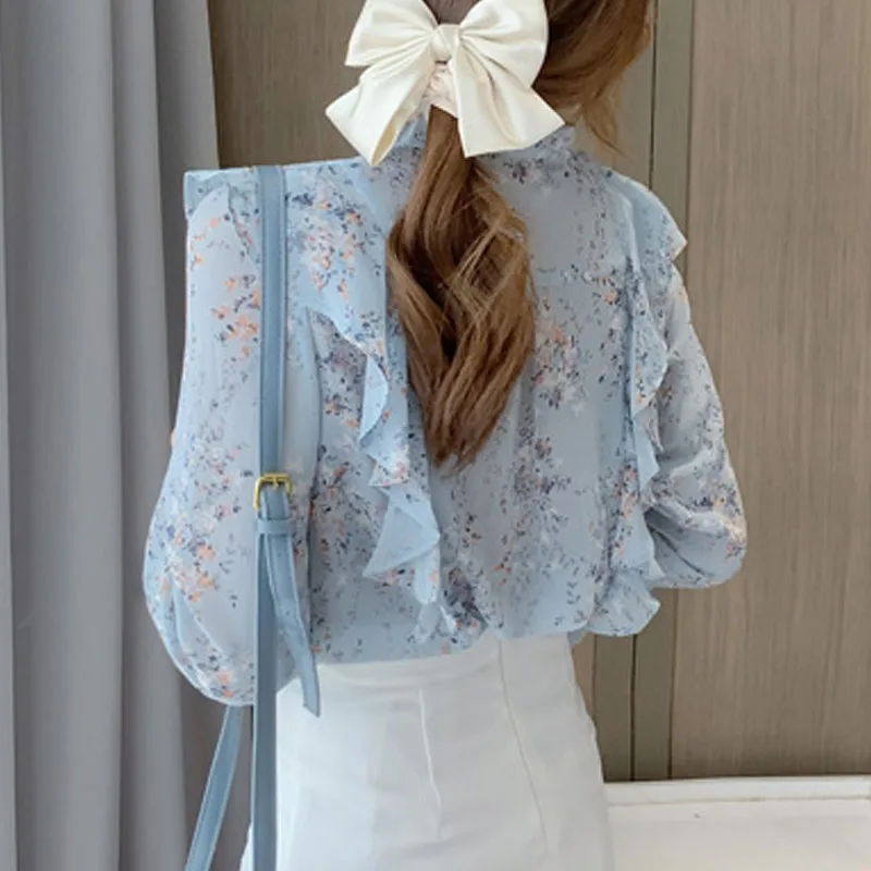 Autumn New Long Sleeve Bow Collar Women Shirt Korean Version Ruffles Print Elegant Chiffon Shirt Blouse Women Tops Camisas A535