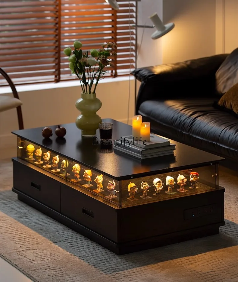 

Slate coffee table Solid wood with pumping with lighting atmosphere Black rectangle Modern simplicity