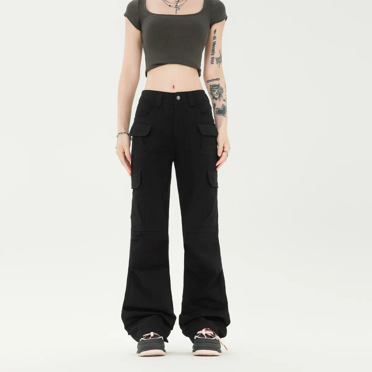 OR FL Cleanfit Wide Leg Black 100 Cotton Women Cargo Trousers 2025 Autumn Street Trend Fold American Style Women's Wei La Pants