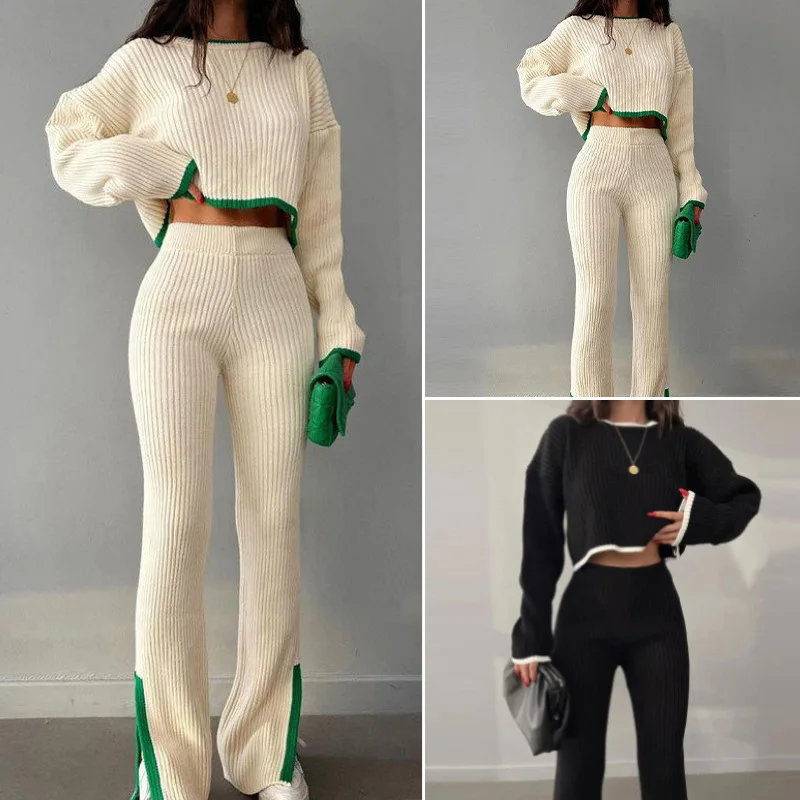 New Women Casual Sweater Two Piece Set Female Loose Pullover and High Waist Slit Pants Knitted Suit Lady Elegant Contrast Outfit