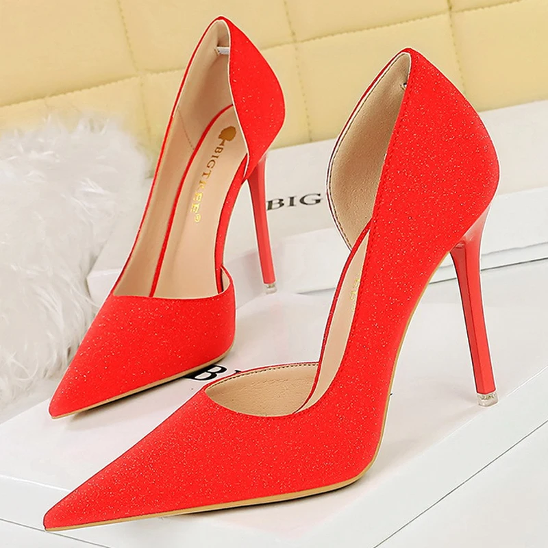 BIGTREE Shoes Retro Women Pumps Sequin Cloth Shine High Heels Pointed Stilettos Heels Sexy Party Shoes Ultra-high Heel 11cm Pump