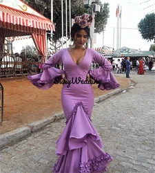 Sexy Mermaid Prom Dresses Flamenco V neck Women Tiered Long Sleeves Evening Formal Party Wear vestido de flamenca Customized