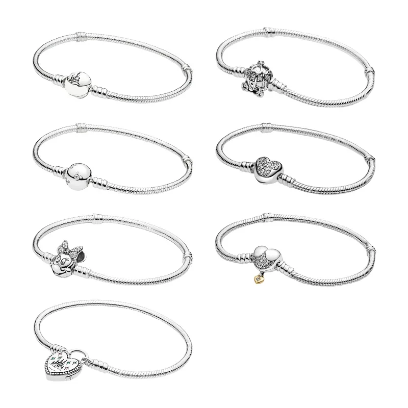 Wrist Charm Bracelets For Women Jewelry 925 Sterling Silver Snake Chain Mouse Castle Pumpkin Carriage Hearts Clasp Zircon Stones