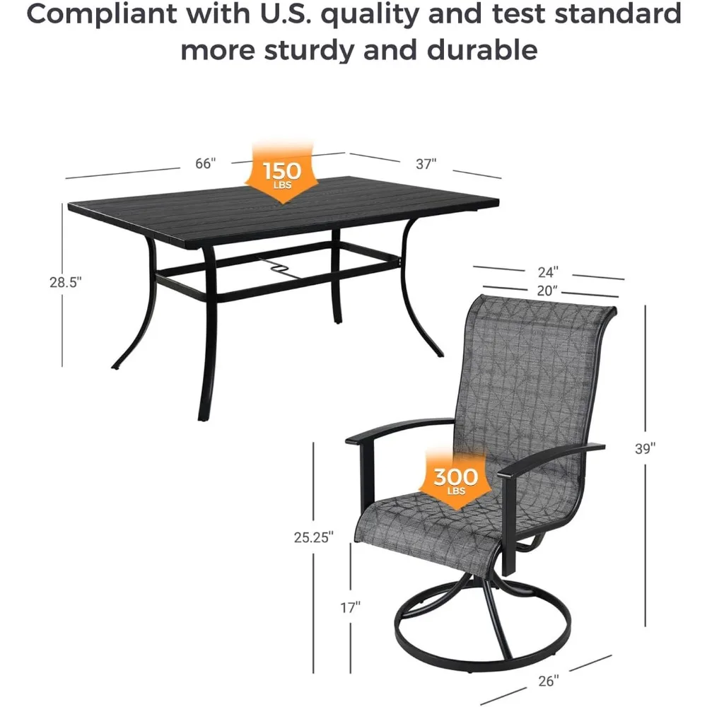 Outdoor Dining Set , 1-Piece Rectangular Woodgrain Table with Umbrella Hole, 6-Piece Mesh Sling Rocking Chairs, Outdoor Table