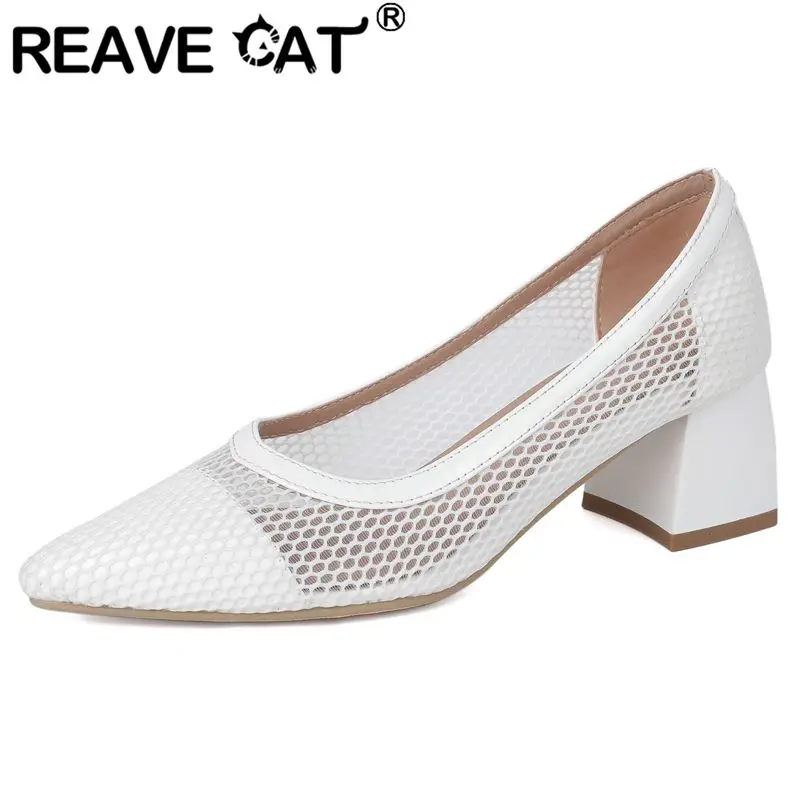 

REAVE CAT 2025 повседневные женские туфли-лодочки с острым носком на блочном каблуке 5,5 см, летняя повседневная обувь без шнуровки с дышащей сеткой, большой размер 41 42 43