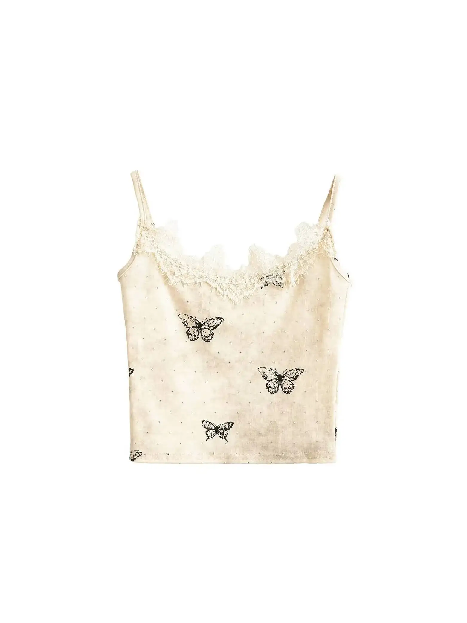 Pure Desire Hot Girl Lace Splicing Strap Vest Women's Summer Short Butterfly Printed Top Fashion Tank Tops Butterfly 2025 B7UD