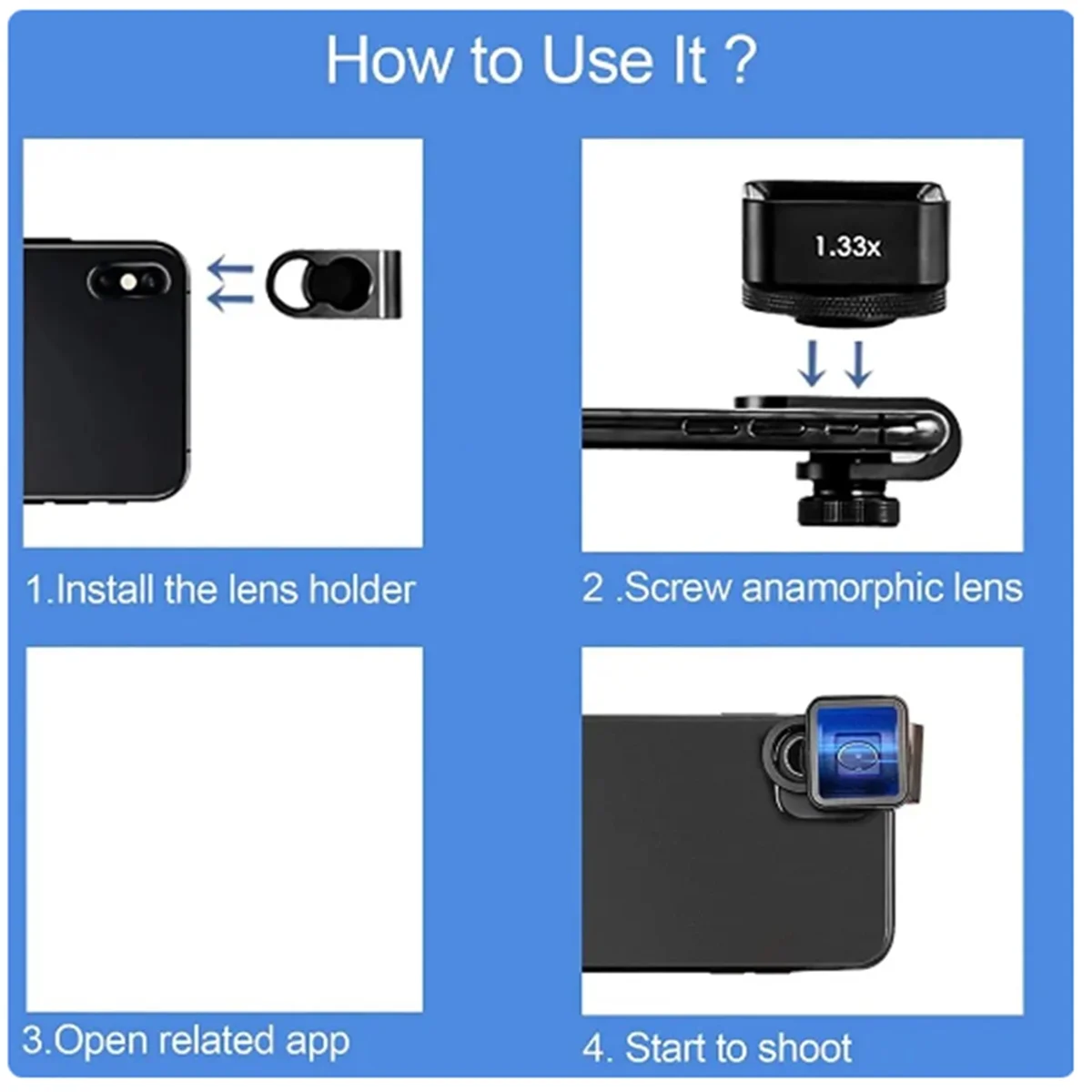 영화 제작 휴대폰 카메라 렌즈, 1.33X 아나모픽 렌즈, 휴대폰 비디오, 와이드 스크린 영화 렌즈, Filmic Pro 앱으로 제작