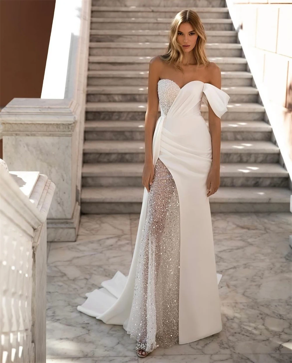 تخصيص لينة الأبيض الساتان رداء دي mariée بوهو الحبيب قبالة الكتف فستان الزفاف مثير مستقيم قطار المحكمة أثواب الزفاف #3