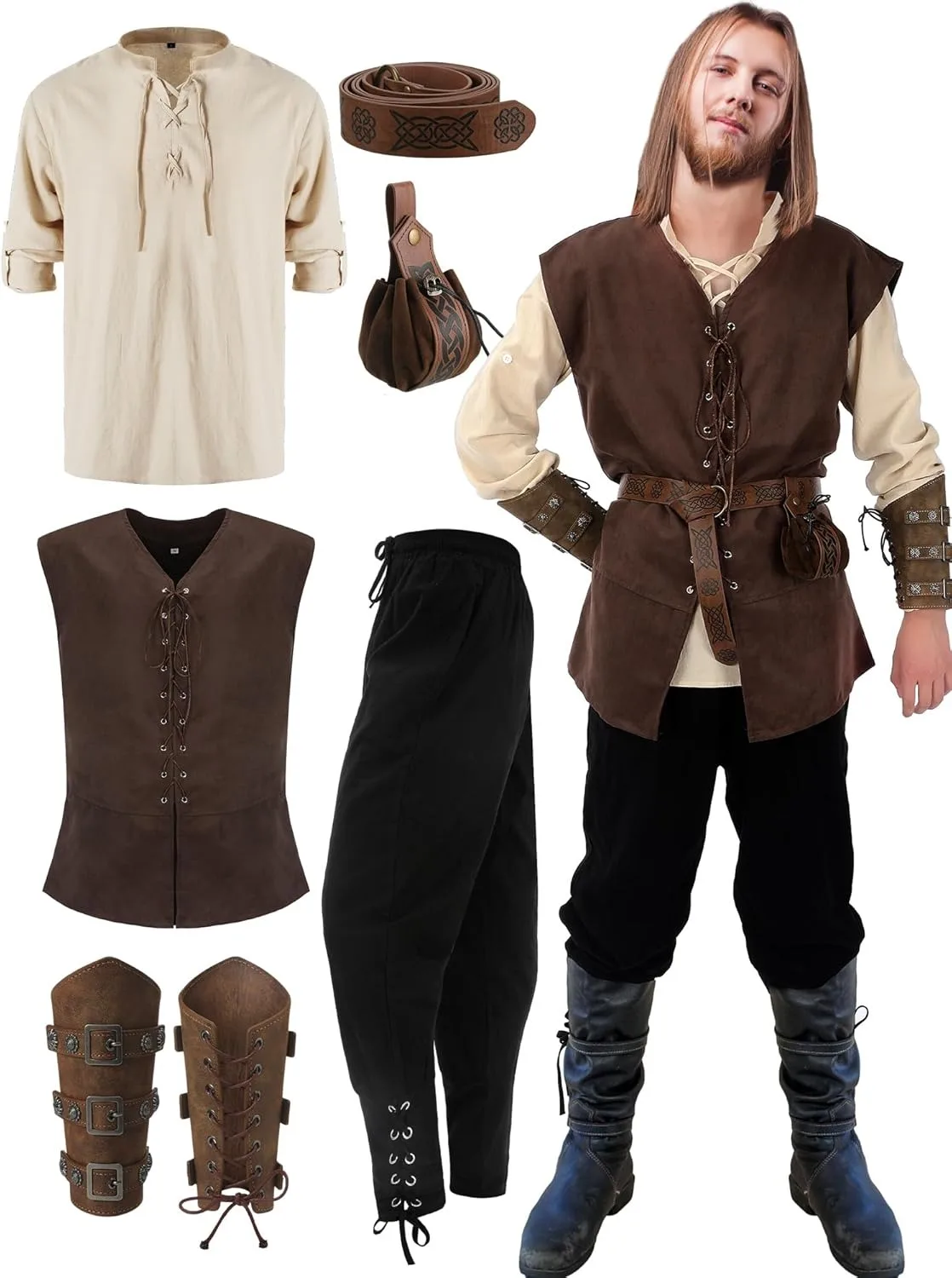 

6 Pcs Men's Halloween Renaissance Costume Set Medieval Vest Shirt Ankle Banded Pants Viking Belt Armband Pouch
