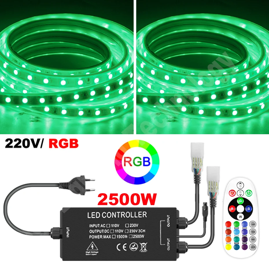 LED Strip Lights 220V RGB 5050 Dimmable Flexible Tape IP67 Waterproof EU Plug  Led Ribbon Lamp with RF Touch/Remote Control