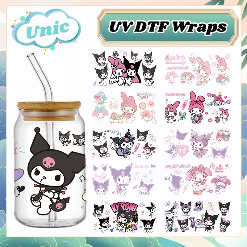 3D Miniso Cartoon UV DTF Cup Wraps Hellokitty Kulomi Transfers Stickers For Glass Libbey Can Bottle Selfadhesive Washable Custom