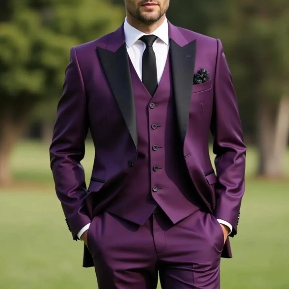 

Новый черный воротник, фиолетовый формальный мужской костюм, жених, жених, свадебная вечеринка, выпускной, деловой мужской смокинг, комплект из 3 предметов, пиджак, жилет, брюки