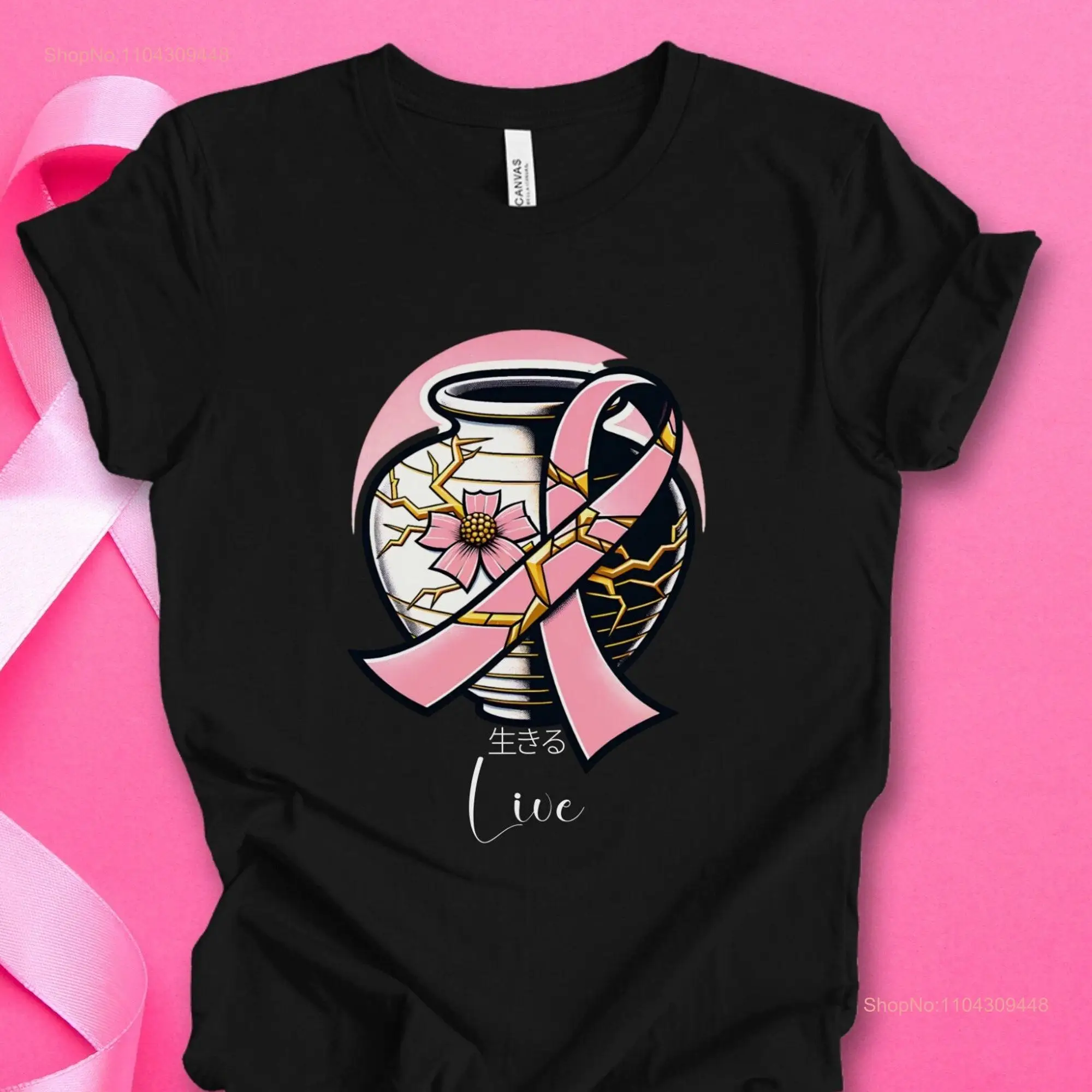 Breast Cancer Awareness T Shirt Ikiru Kintsugi Pink Ribbon Japanese Healing Art long or short sleeves