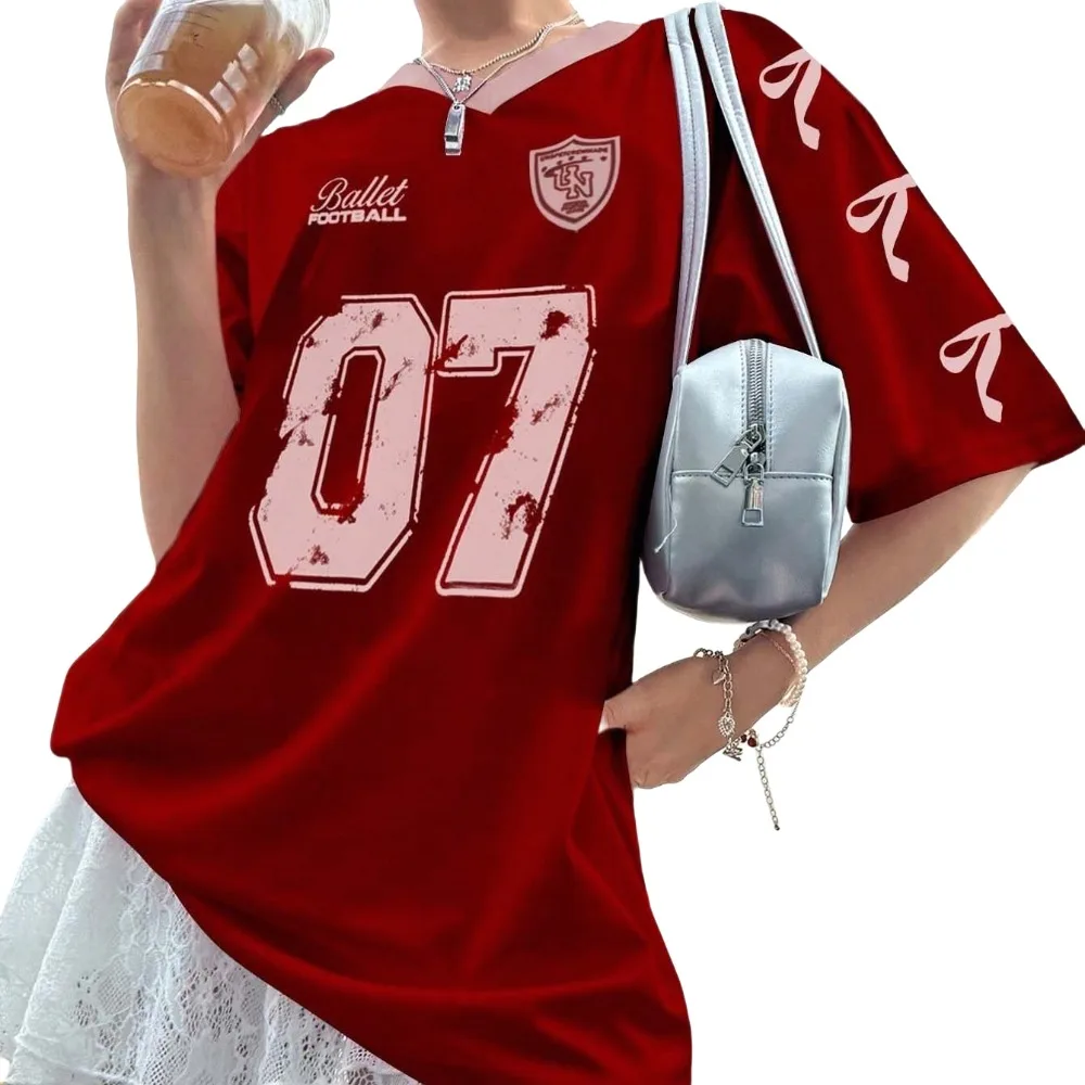 

Streetwear V-neck Sports Tennis T-shirts Large Size Teenagers Adolescent Female Crop Tops Casual Loose Bow Letter Shirt Daily