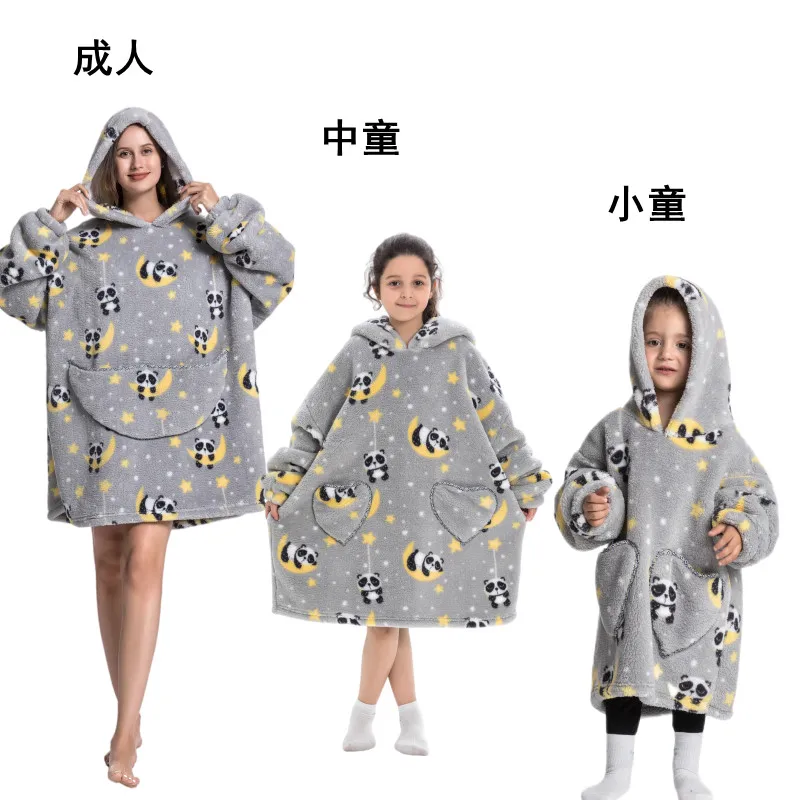 Kids Babys Warm Thick Oversized Wearable Blanket Hoodie for Winter Giant Polyester Blanket with Sleeves Cartoon Animal Print