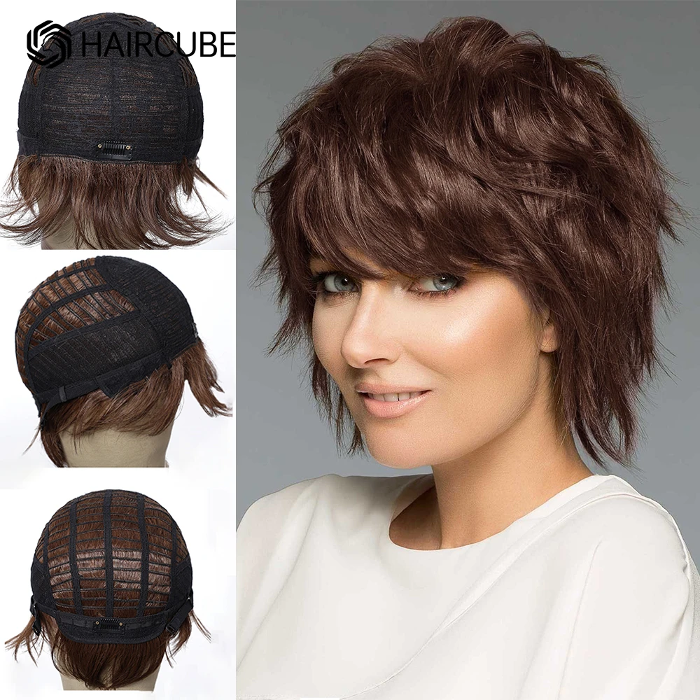 Short Pixie Cut Human Hair Blend Wigs for Women Chestnut Brown Layered Wavy Bob Blend Human Hair Wigs with Bangs Women Daily Wig