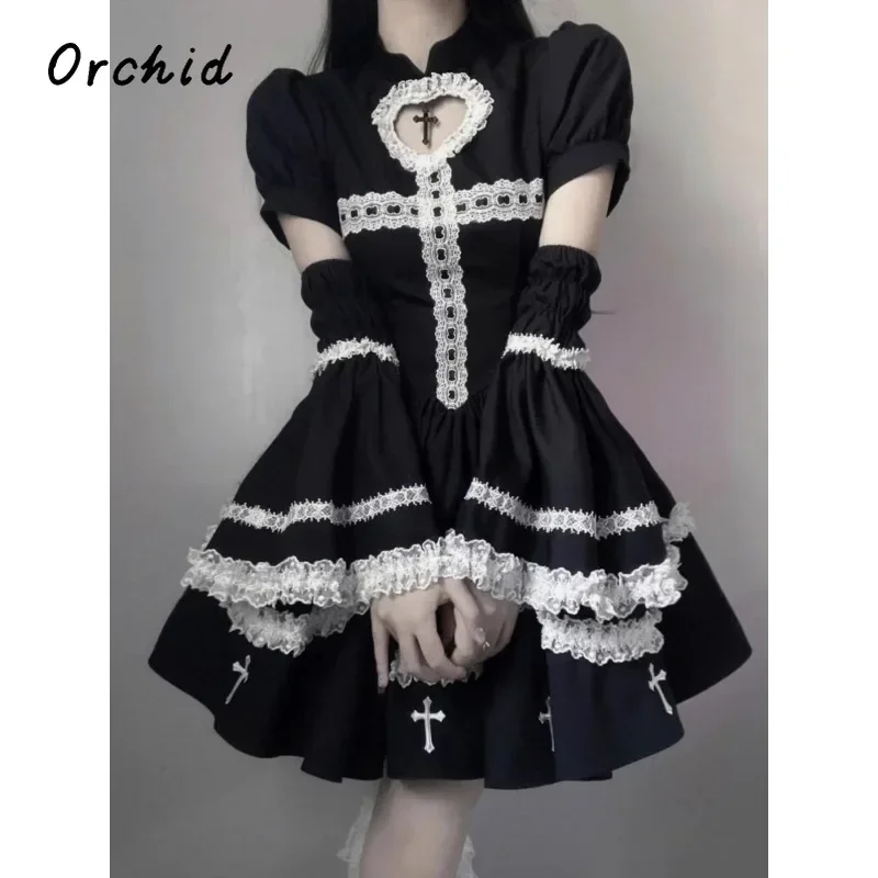 2024 Autumn Black Cute Lolita Girls Style Dress Women Lovely Maid Cosplay Lace Patchwork Show Japanese Hotsweet Outfit Dress