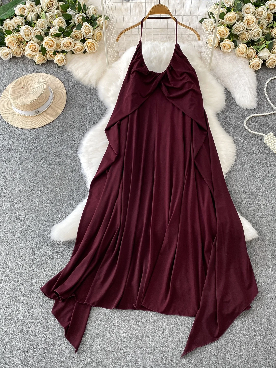 

Beach Vaion Sle Women's Dr Sexy Bal Hanging Ne Loose Slimming Asymmetrical Hem Long Skirt Autumn Winter