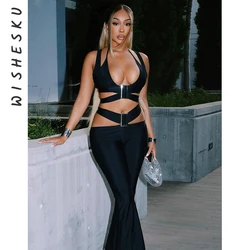 Sexy Party Bandage Two Piece Set Women Low Cut Crop Top And High Waist Hollow Out Flare Pants 2024 Summer Night Club Clothes