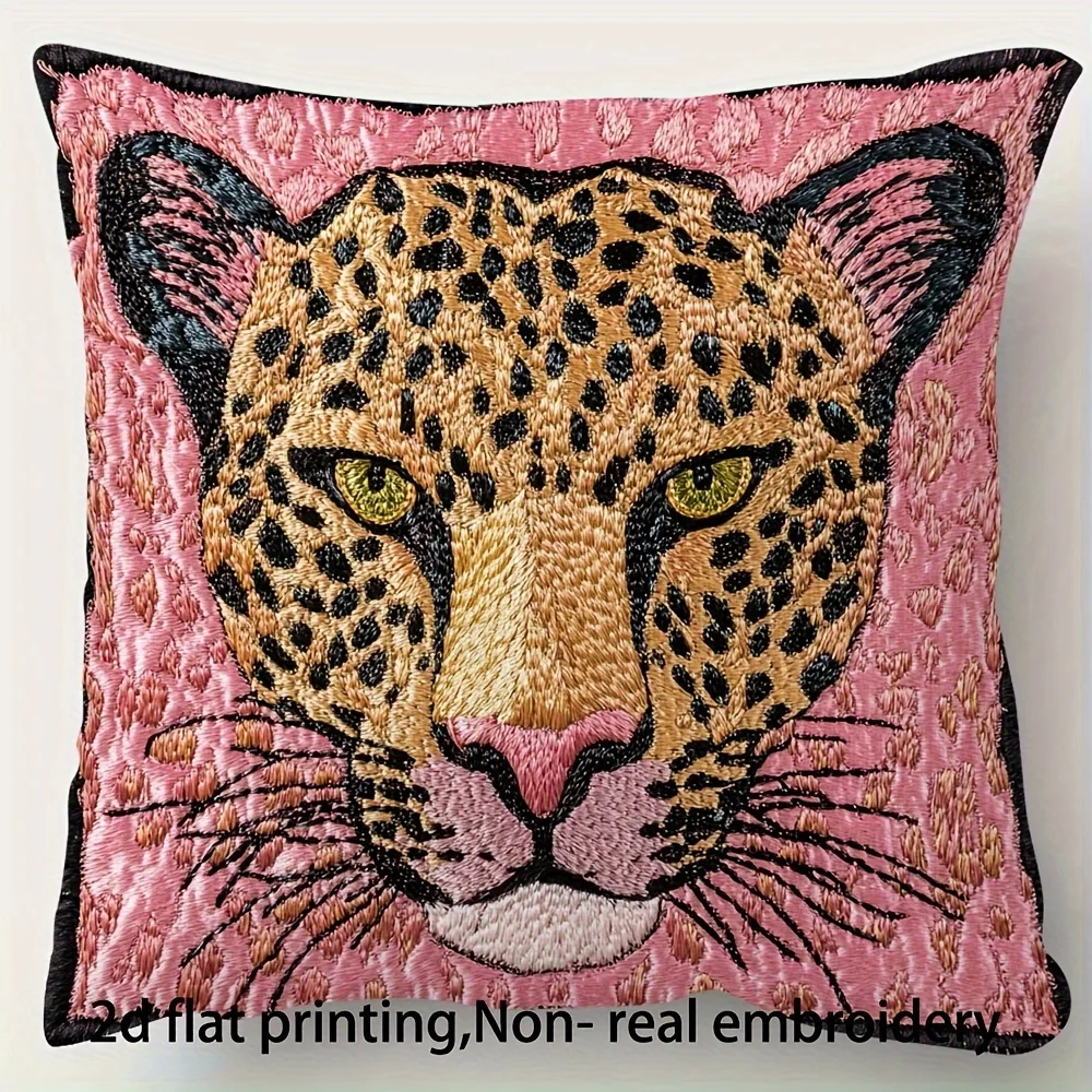 Rosa Leoparden-Kissenbezug 2D Bestickter Druck Wildtier-Geparden-Kissenhülle für Sofa Bett Couch Boho Dschungel Heimdekoration Geschenke