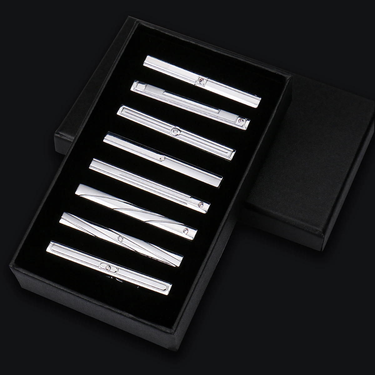 8 stücke Krawatte Clips Metall Diamant Mit Box Für Männer Hochzeit Herren Krawatte Clips Set Chrom Edelstahl Schmuck Gentleman krawatten Pin – Detail 7
