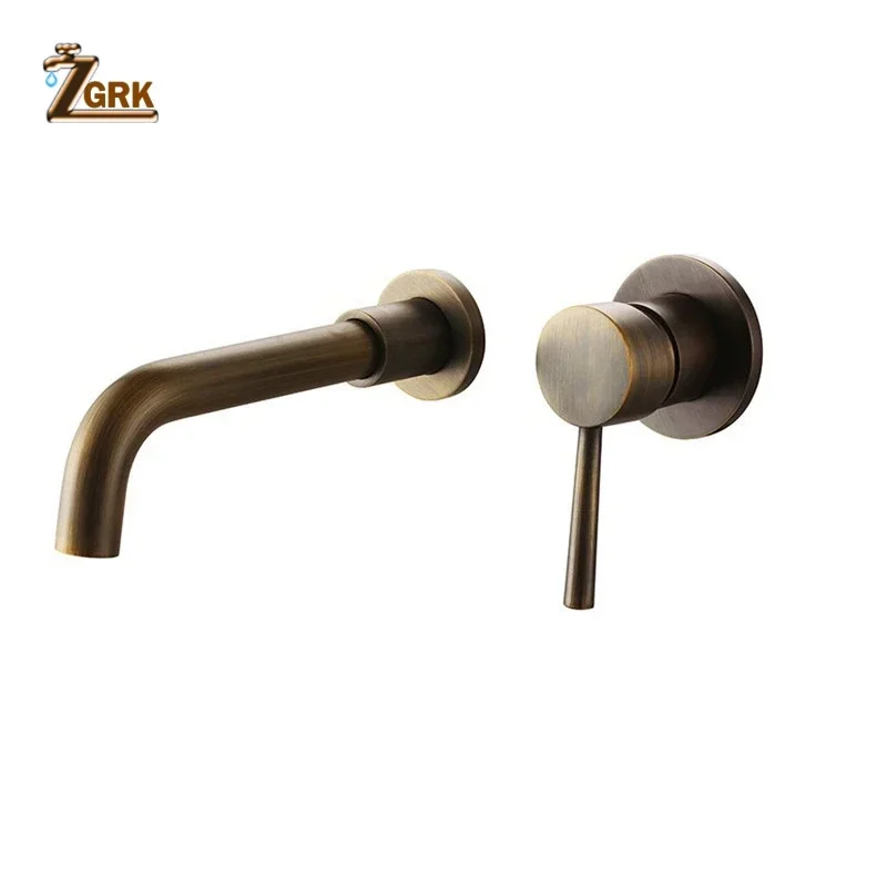 ZGRK Wall Basin Faucet Set One Handle Two Hole Wall Mounted Brass Bathroom Sink Faucet Hot and Cold Wall Tap