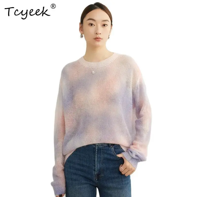 

Tcyeek, 26.7% Mohair 50.4%Wool Sweaters For Woman, Round Neck Loose Soft, Warm Knit Tie Dye Tops, 2024 Autumn Winter T48135QM