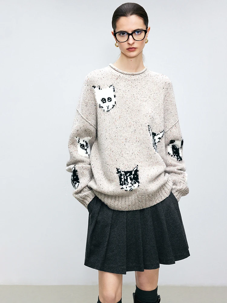 

Модный вязаный свитер с узором, из смесовой шерсти, с круглым вырезом и манжетами, большой размер, Ningxia Jiaan Sweet Sle, Зима 2024