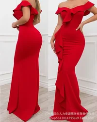 Red Dress 2024 Off Shoulder Ruffles Slim Fit Women Long Dress Sexy Sleeveless Party Evening Tight Dresses Elegant Vestidos