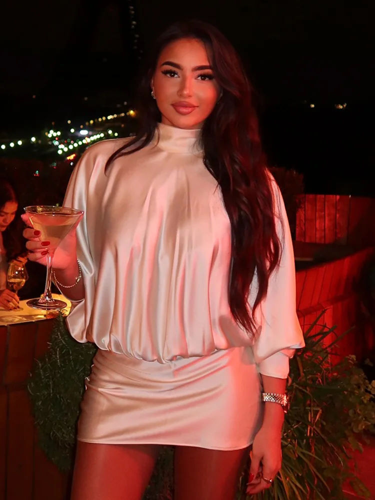 HH レディース 2025 ファッション シルクサテン風 スカーフデザイン 蝶ネクタイ ショートドレス 女性らしい気質 ハイネック 長袖 カジュアルドレス