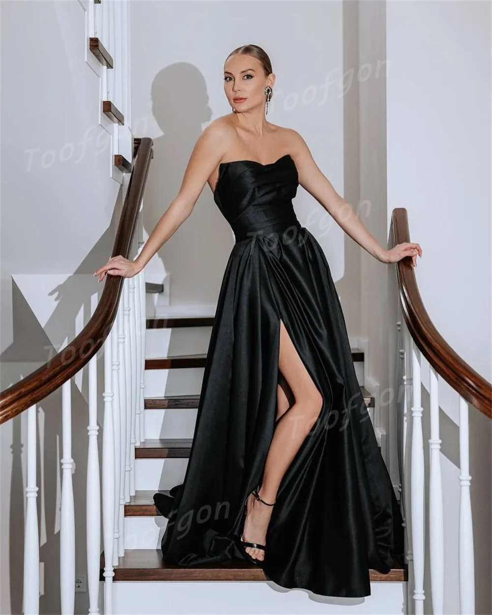 Toofan Милое черное платье для выпускного вечера Атласное трапециевидное вечернее элегантное платье знаменитостей с высоким разрезом по бокам Вечернее платье по индивидуальному заказу