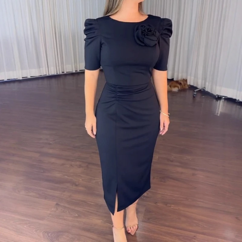 

Bodycon Dresses for Women New 2025 Fall Fashion New Puff Sleeve 3D Flower Decor Round Neck Casual Elegant Ruched Slit Midi Dress