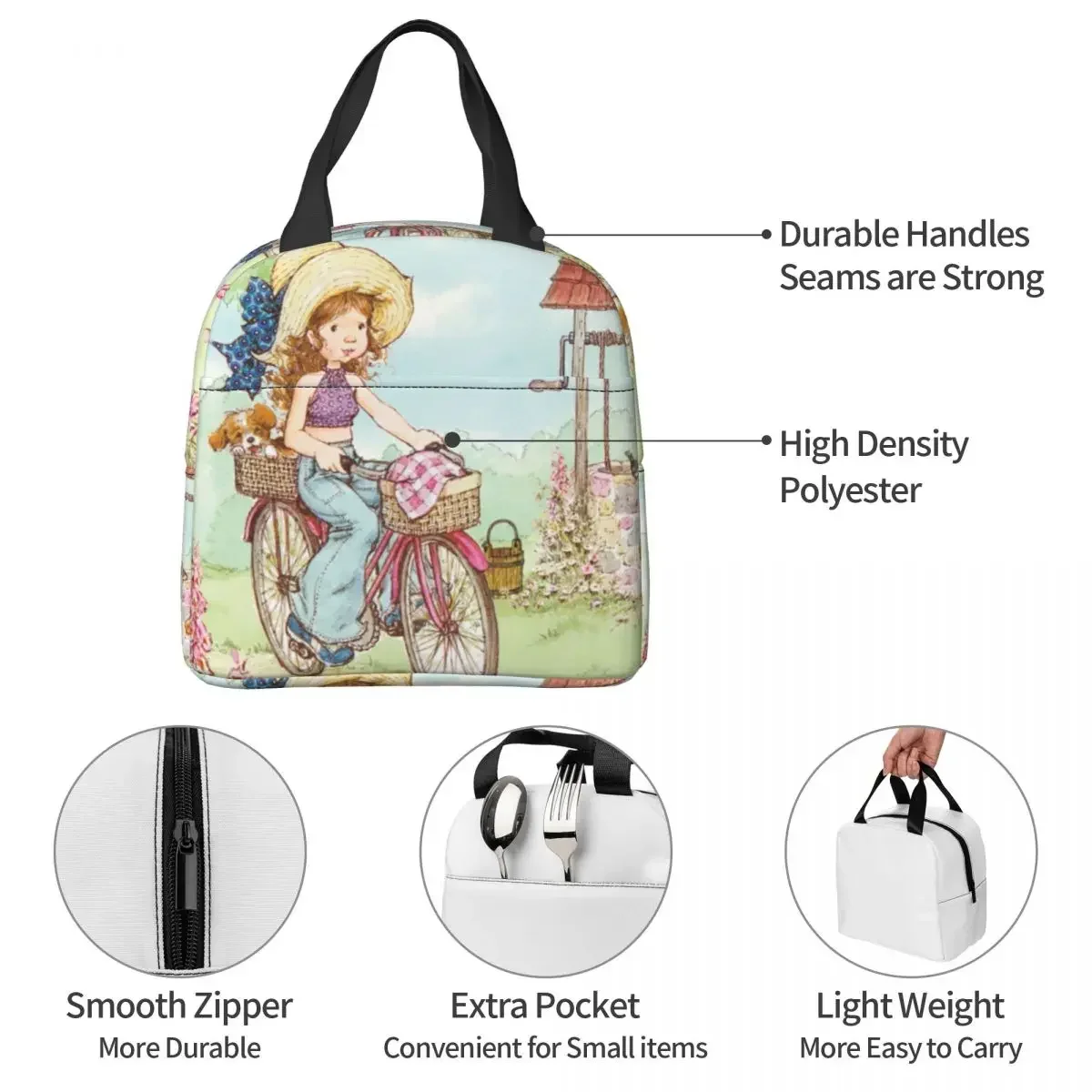 Kawaii Sarah Kay Bike Ride Insulated Lunch Bag Large Cartoon Reusable Thermal Bag Lunch Box Tote Office Outdoor Food Handbags