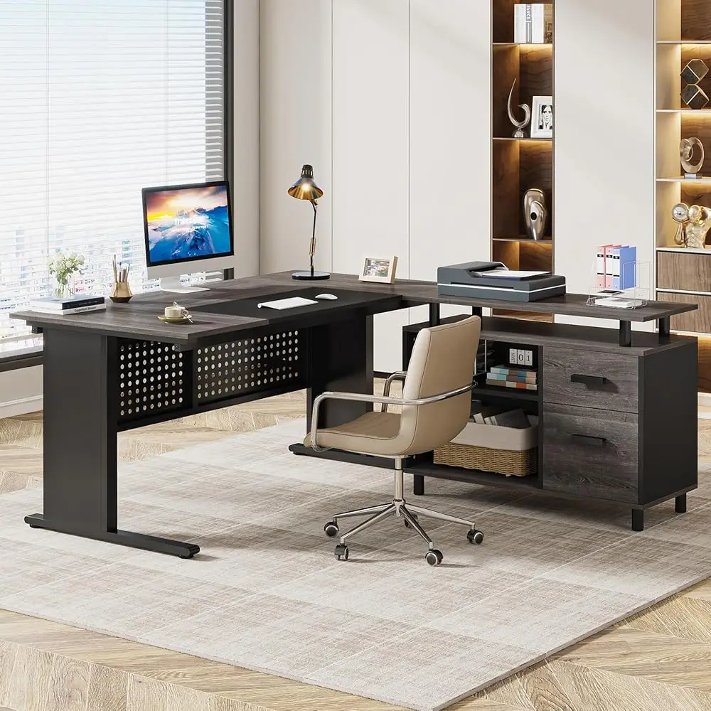 63 H Executive Desk With File Cabinet, Large Office Desk L Shaped Computer Desk With Drawers And Storage Shelves, Busin