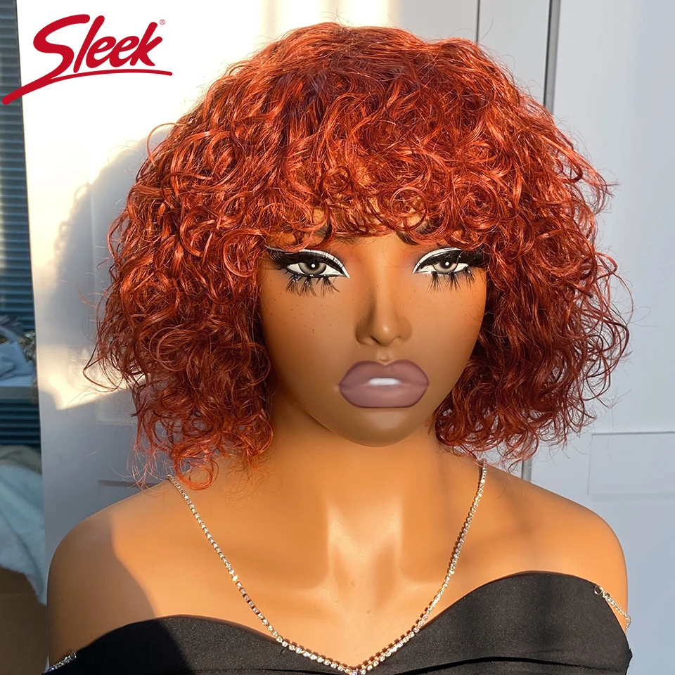 Sleek Short Bodywave Hair With Bangs 100% Real Ready To Wear Brazilian Hair Wigs Orange Colored Human Hair Wigs For Women