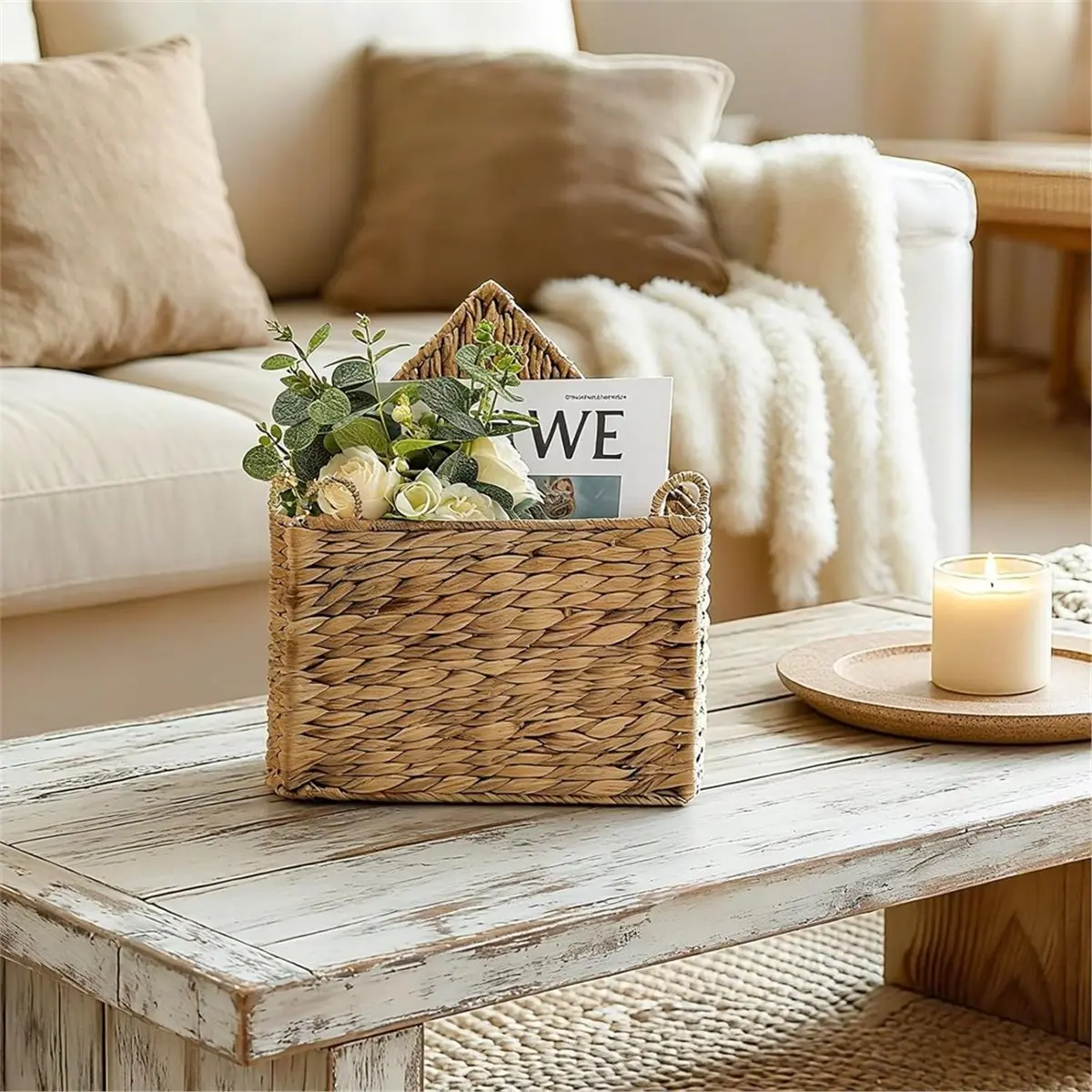 Wicker Magazine Holder Wall Basket Hanging Wall Mount Mail Rack Holder Storage,for Books & Files with Handle Home