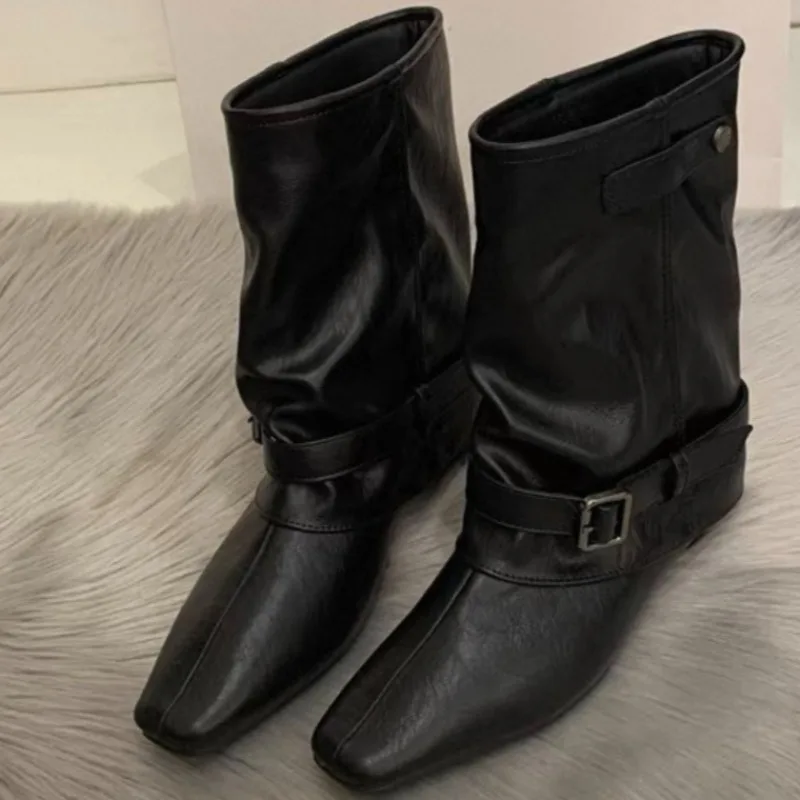 

Women's autumn new niche designer wedge high boots with square toe buckle decoration, retro fashion mid-calf boots, sizes 35-39