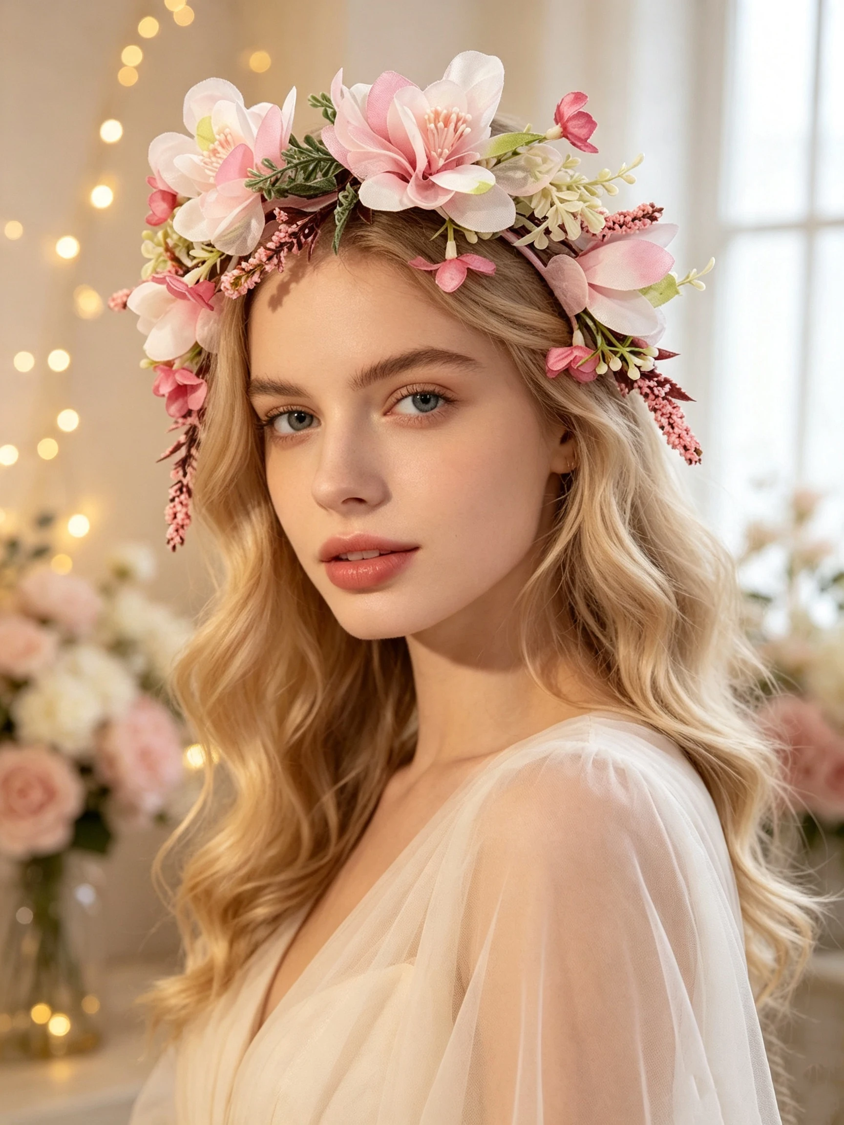 Forest-style pink artificial flower headband, bridal floral wreath headpiece, floral headband for wedding photoshoots and vacations