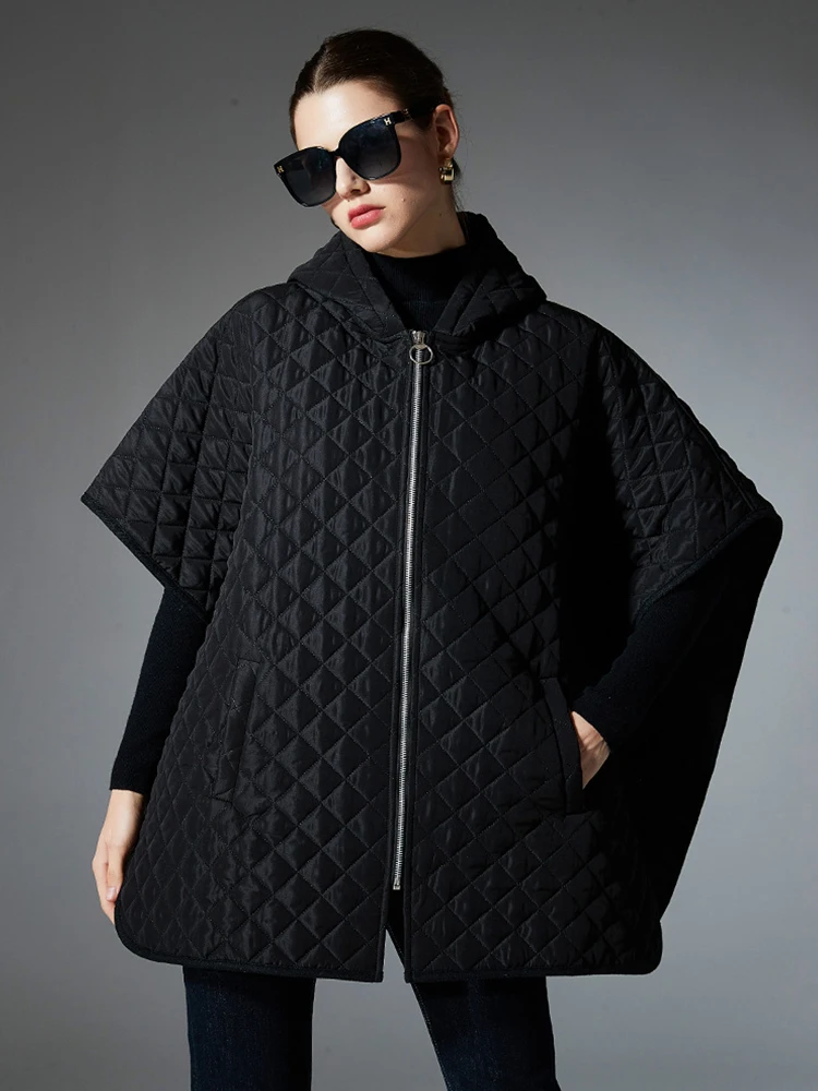 

Women Quilted Hooded Cape Coat Autumn Winter Black Short Sleeve Hooded Jacket Casual Loose Warm Outerwear Daily Commute Fashion