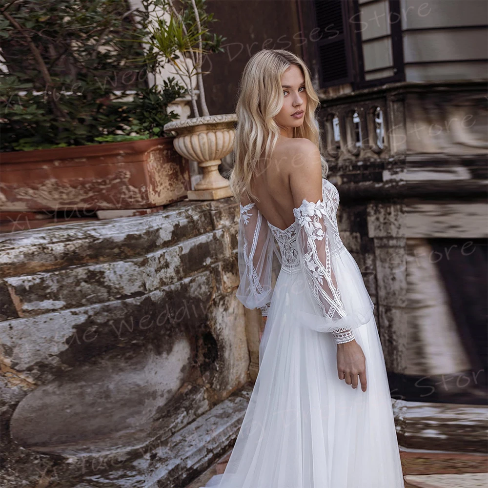 Graceful A Line abiti da sposa da donna bellissime Appliques abiti da sposa in pizzo nuovo affascinante manica A sbuffo Backless Vestido De Noivas