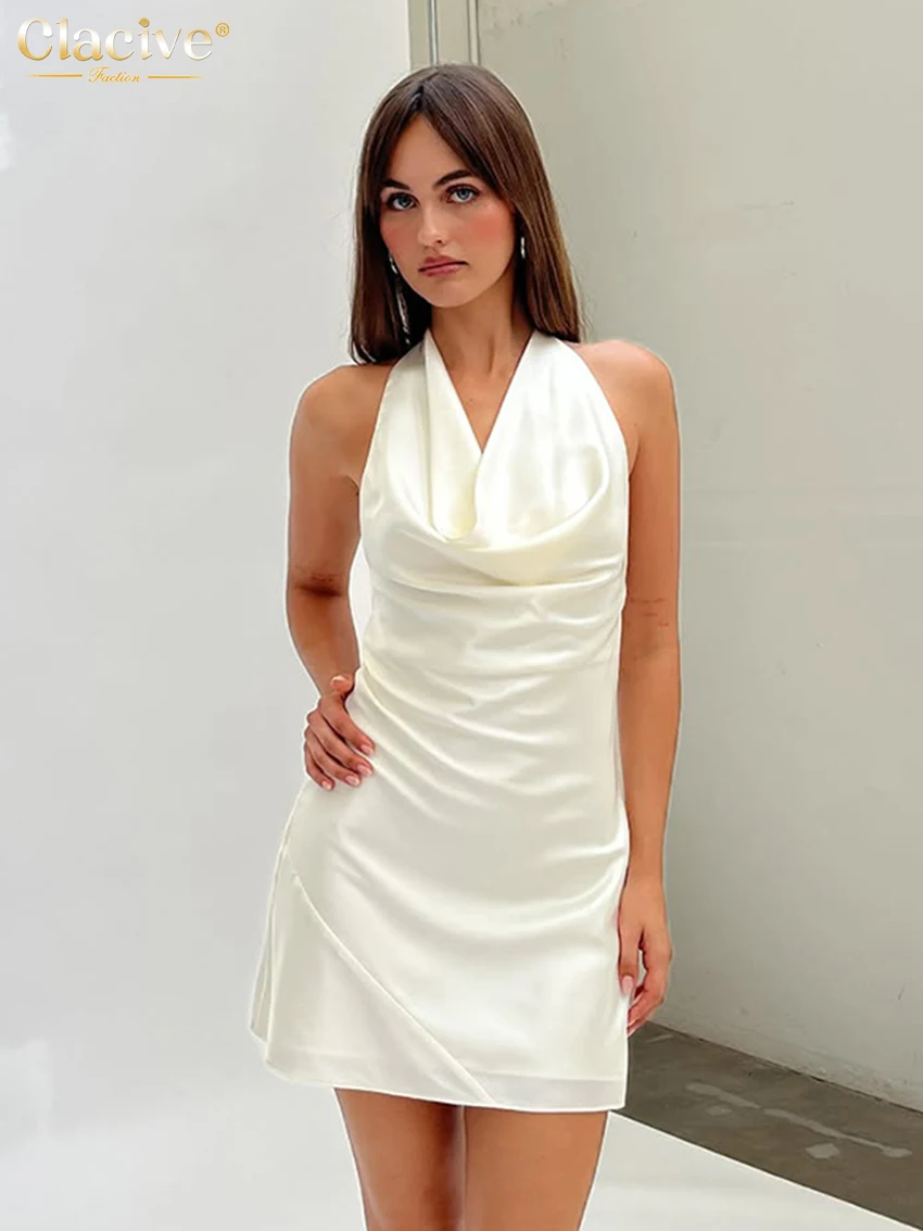 

Clacive Summer Slim Beige Satin Women Dress 2026 Sexy Halter Sleeveless Mini Dresses Elegant Classic Solid Female Dress Streetwe